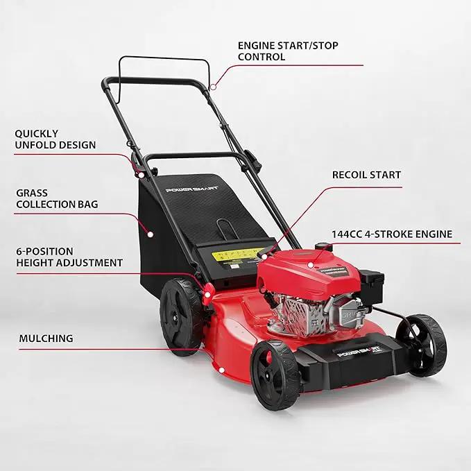 PowerSmart 21-inch Gas Push Lawn Mower, 144cc 4-Stroke Engine with Easy Adjustable Cutting Height, High Wheels, 2-in-1 with Mulch, Bag by GreenHaven Gardens