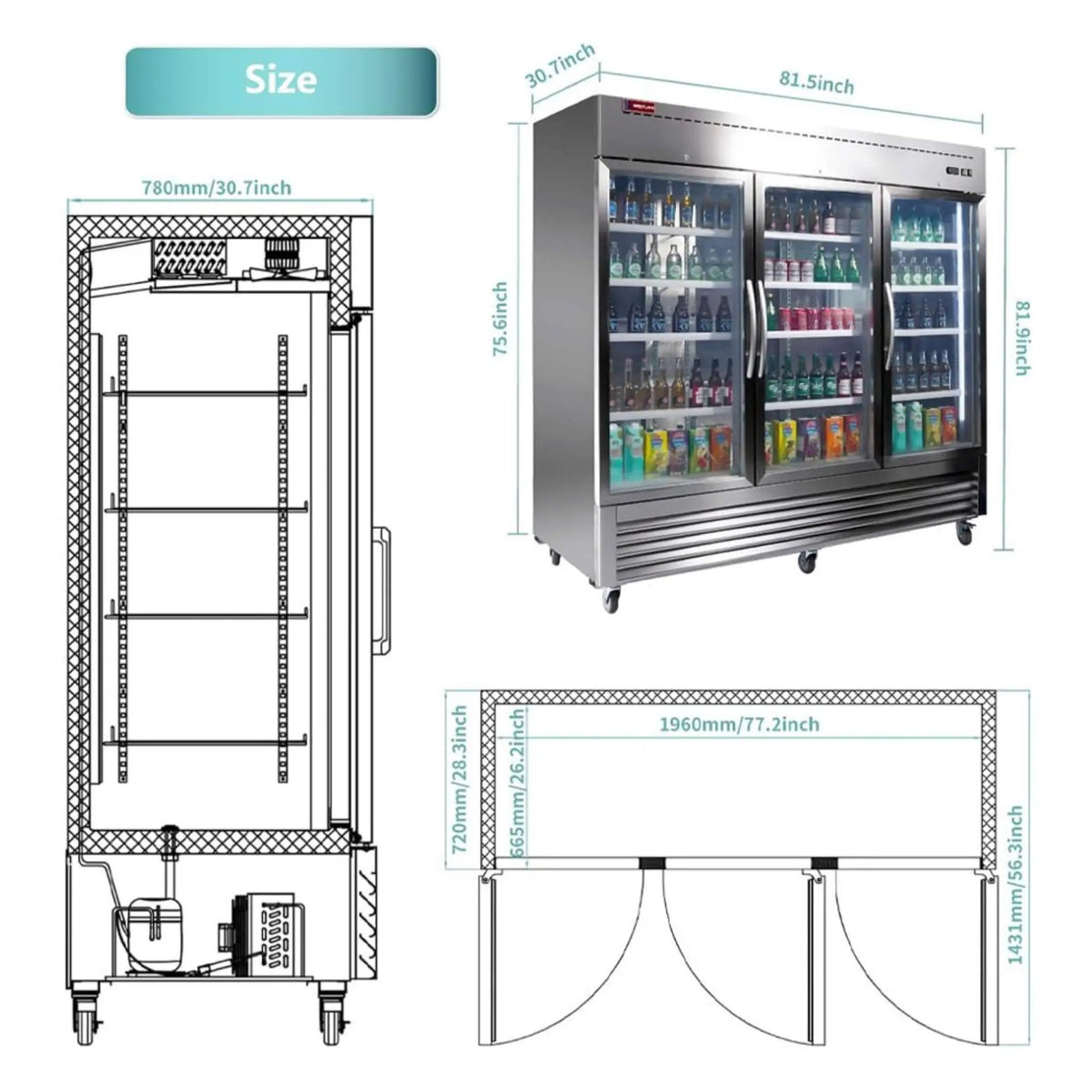 82-Inch Commercial Stainless Steel Upright Display 3 Section Merchandiser Refrigerator (SAK15724) by SAKSBY WHOLESALE