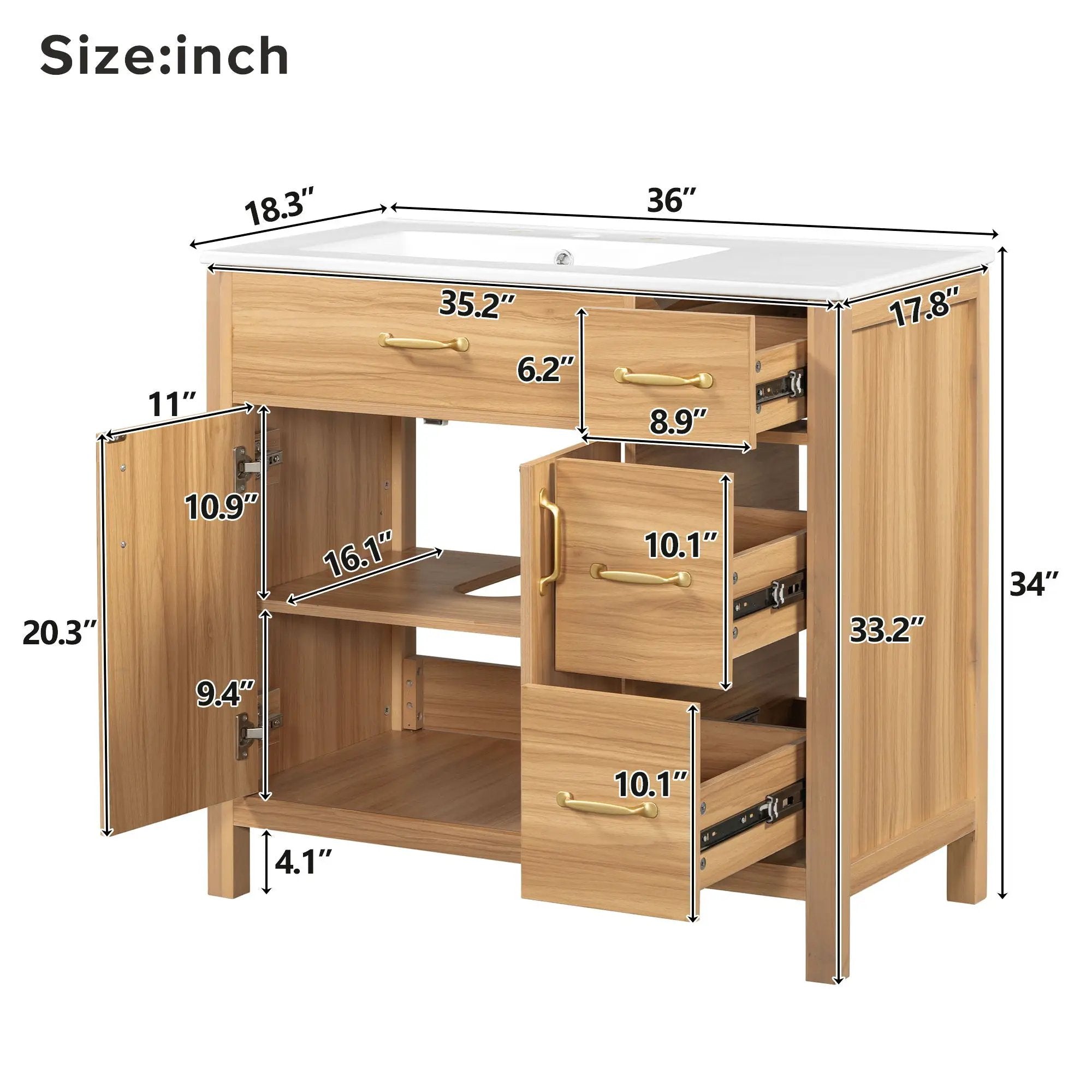 Bathroom Vanity, 2 Soft Close Doors, 3 Soft Close Drawers, Adjustable Shelf - Wood by Unique Piece Furniture