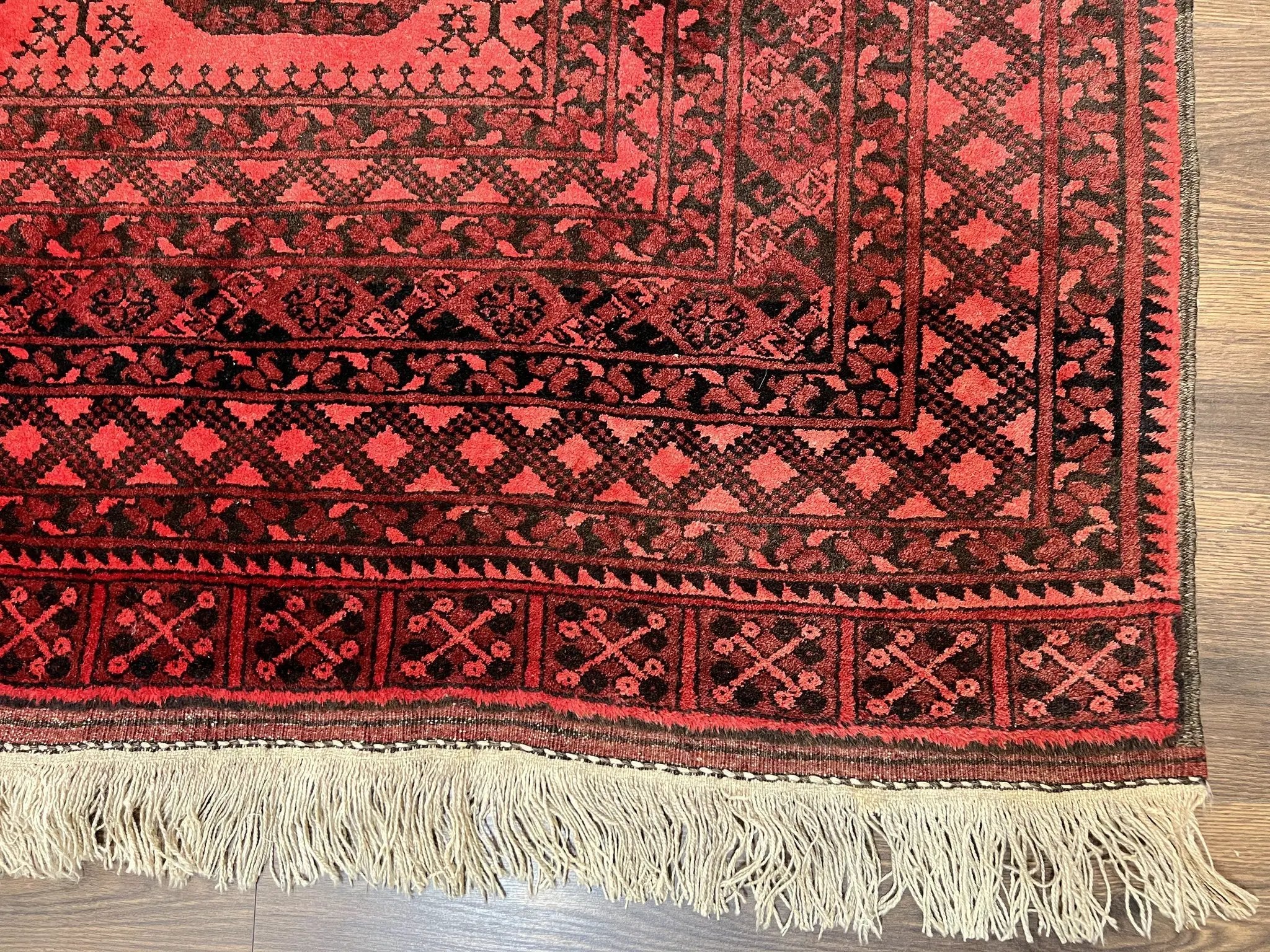 Afghan Turkoman Rug 7x10, Vintage Yamud Beshir Bokhara Carpet, Red and Black Bukhara Hand-Knotted Oriental Wool Handmade Rug, Elephant Foot by Jewel Rugs