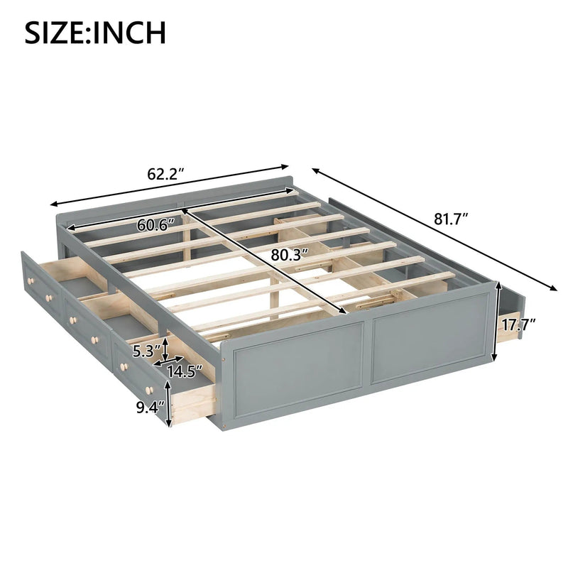 Queen Size Platform Bed Frame With 6 Drawers - Gray by HouseOfZazla