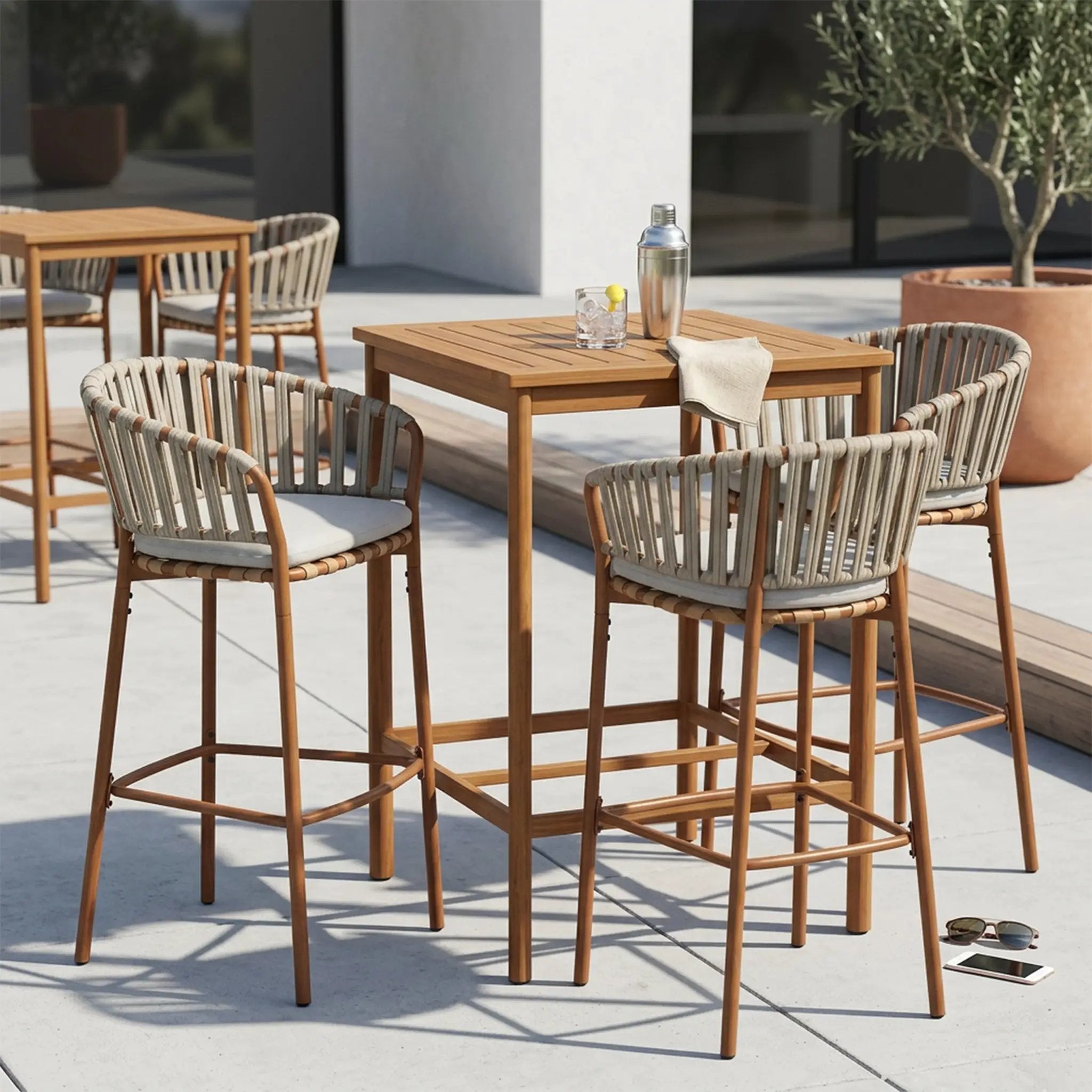 Lodi Outdoor Metal Rope Barstool, Teak Finished Frame and Beige Cushion, Set of 4 by HouseOfZazla