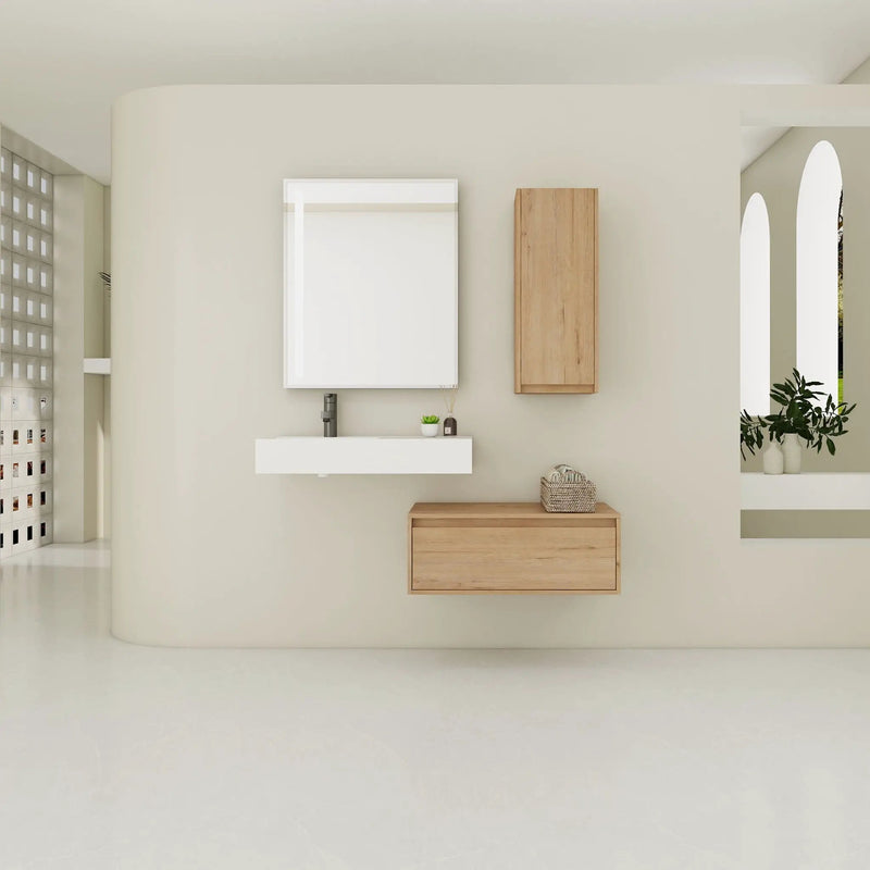 Modern Wall Mounted Bathroom Vanity With Resin Sink And Side Cabinet, Soft Close Drawer, Imitative - Imitative Oak by HouseOfZazla