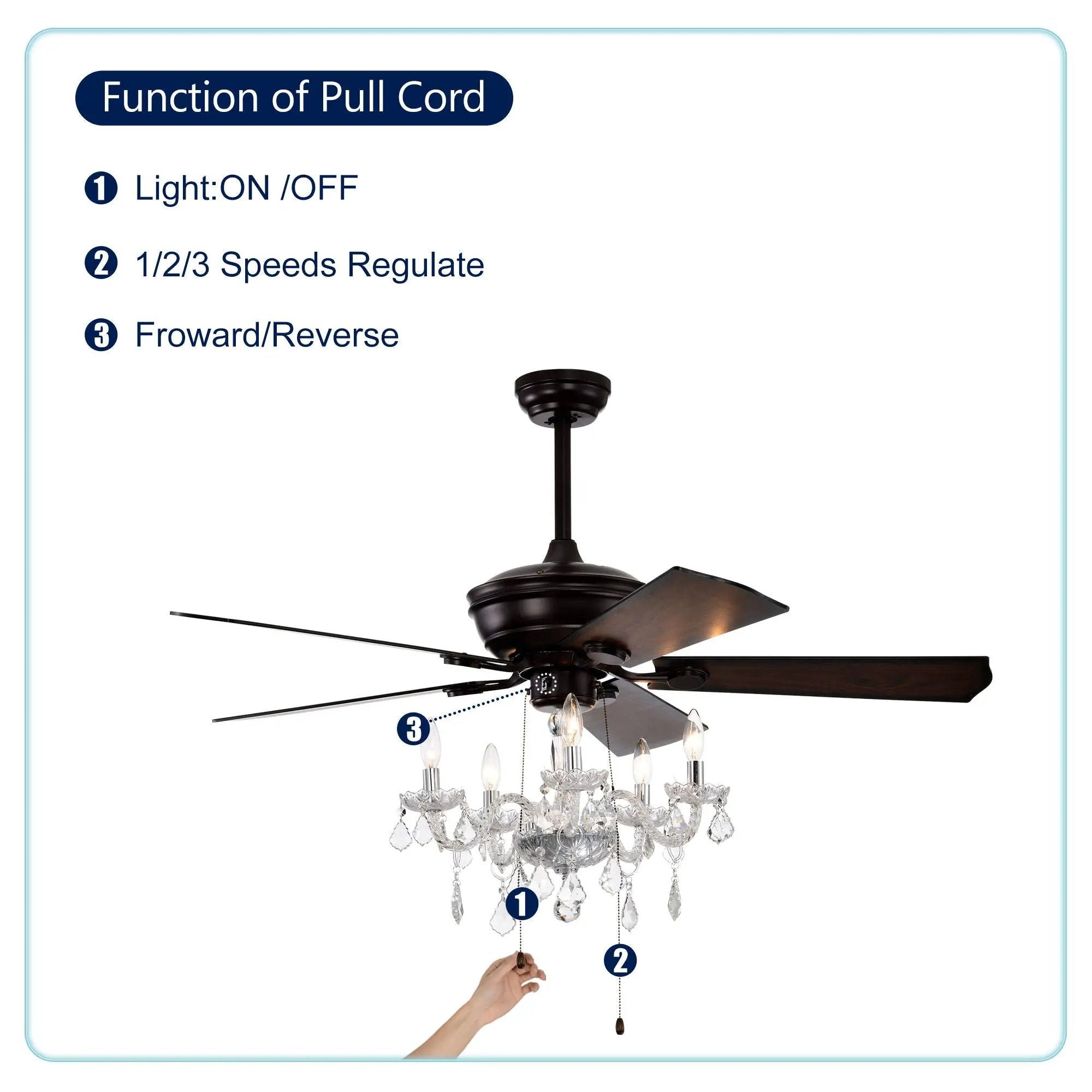 52" Crystal Shade Ceiling Fan Lamp, 3 Speed, 4 Timing, 5 Reversible Blades Crystal Ceiling Fan, 5 Pieces X E12 (No Include Bulb), Hand Pull Chain - Matte Black by HouseOfZazla