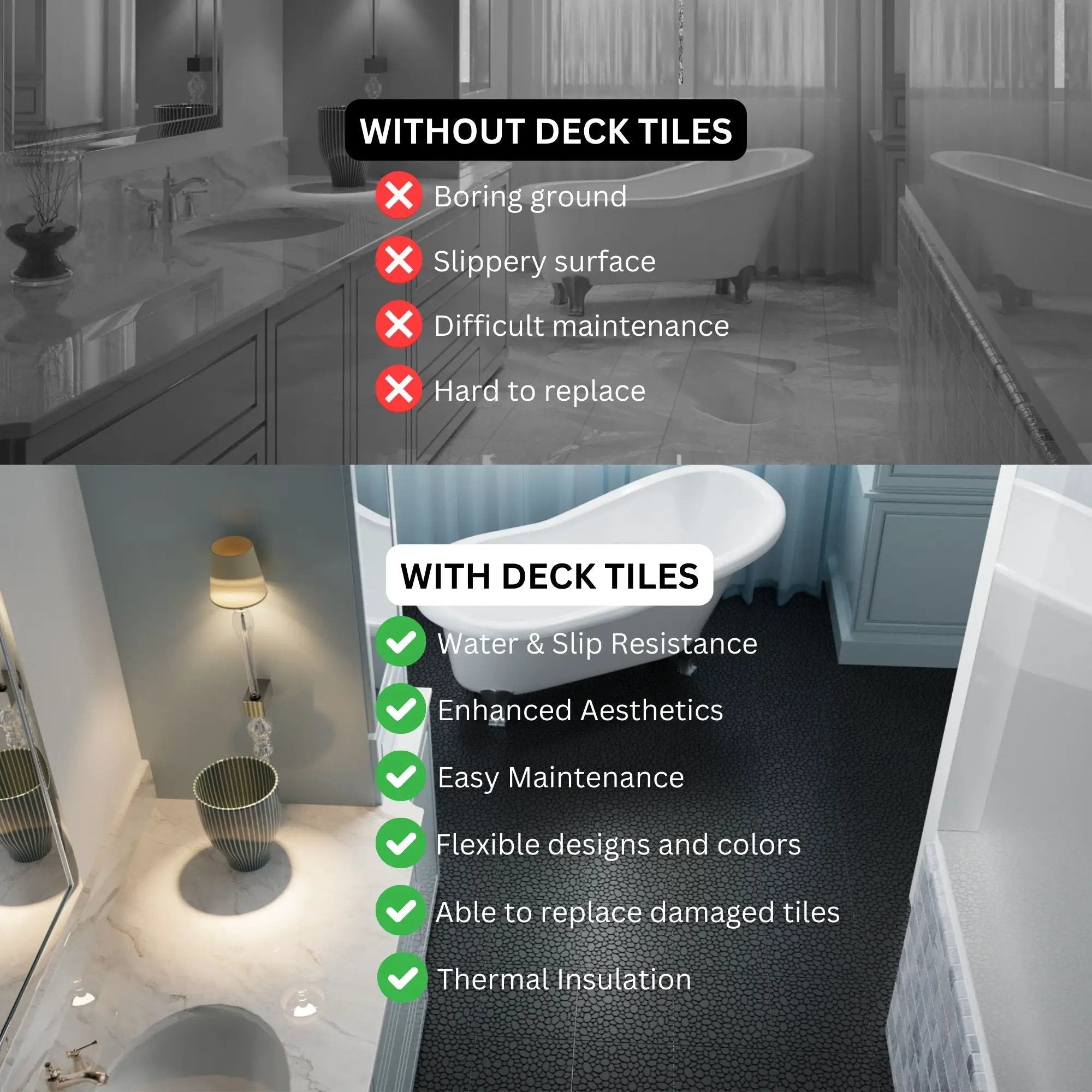 Interlocking Deck Tiles Plastic Waterproof Outdoor All Weather Anti-Slip Bathroom Shower Balcony Porch Strong Weight Capacity Upto 440 Lbs, Pebble Stone Pattern by HouseOfZazla