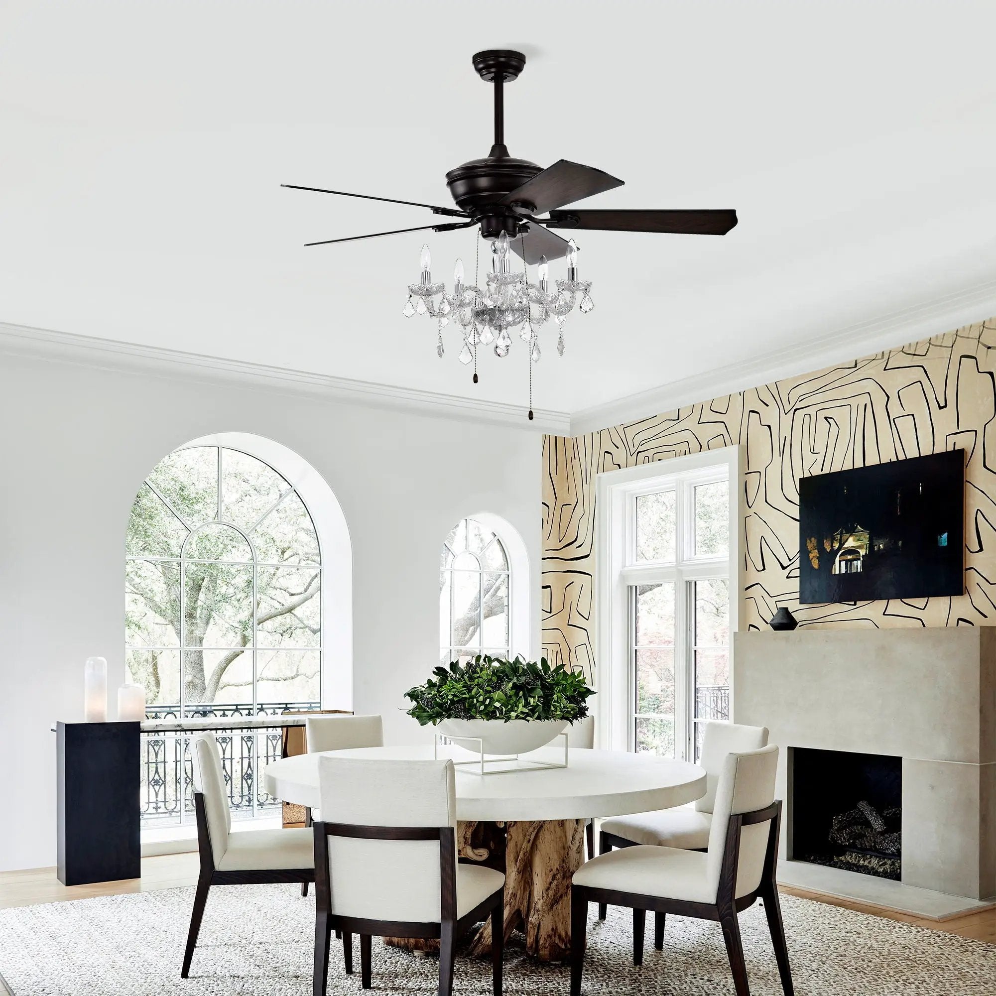 52" Crystal Shade Ceiling Fan Lamp, 3 Speed, 4 Timing, 5 Reversible Blades Crystal Ceiling Fan, 5 Pieces X E12 (No Include Bulb), Hand Pull Chain - Matte Black by HouseOfZazla