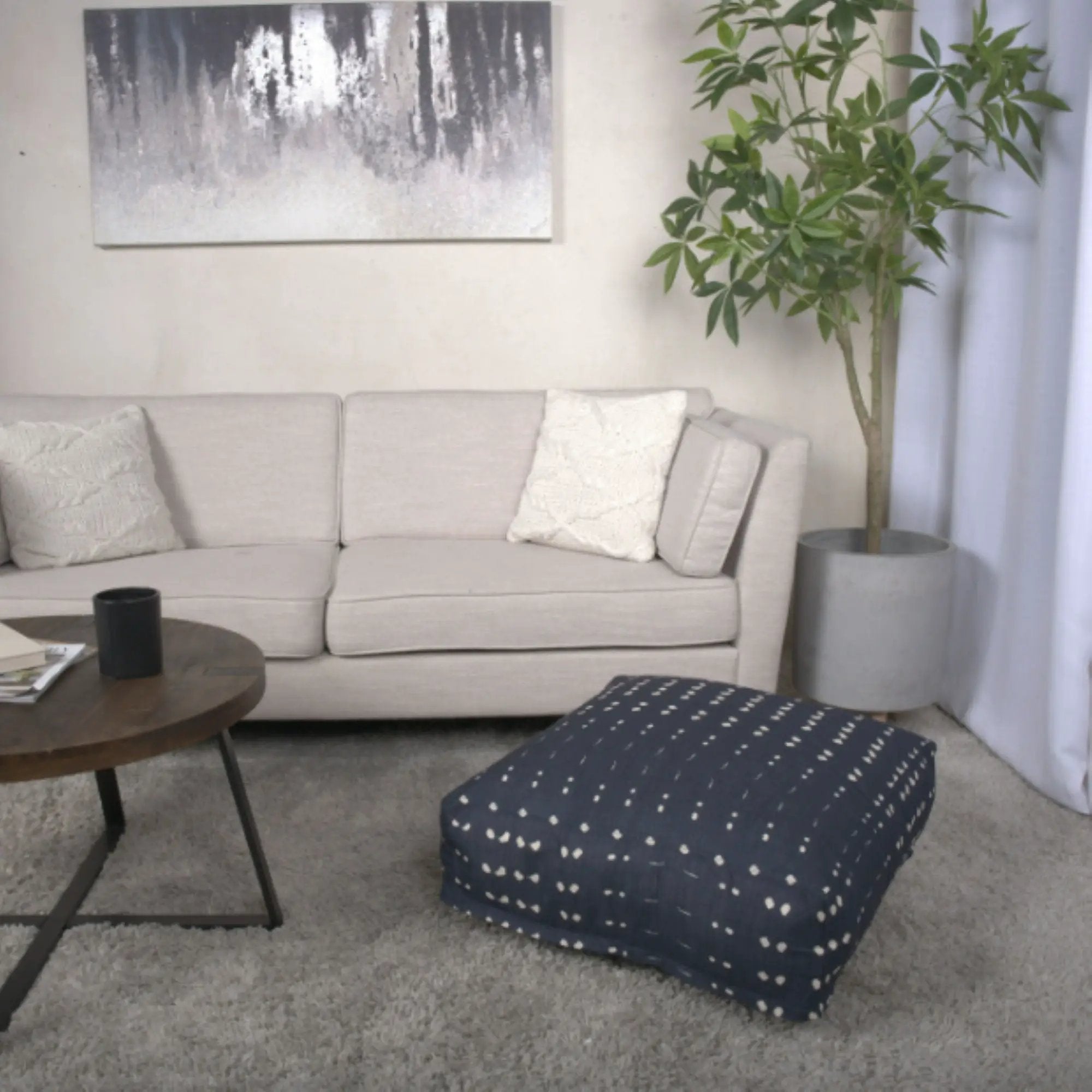 Dalm - Fabric Square Pouf Ottoman With Polystyrene Beads Filling - Dark Blue / White by Unique Piece Furniture
