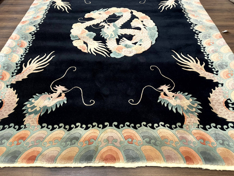 Black Chinese Wool Rug 8x10 with Dragons, Rainbow Borders, Rare by Jewel Rugs