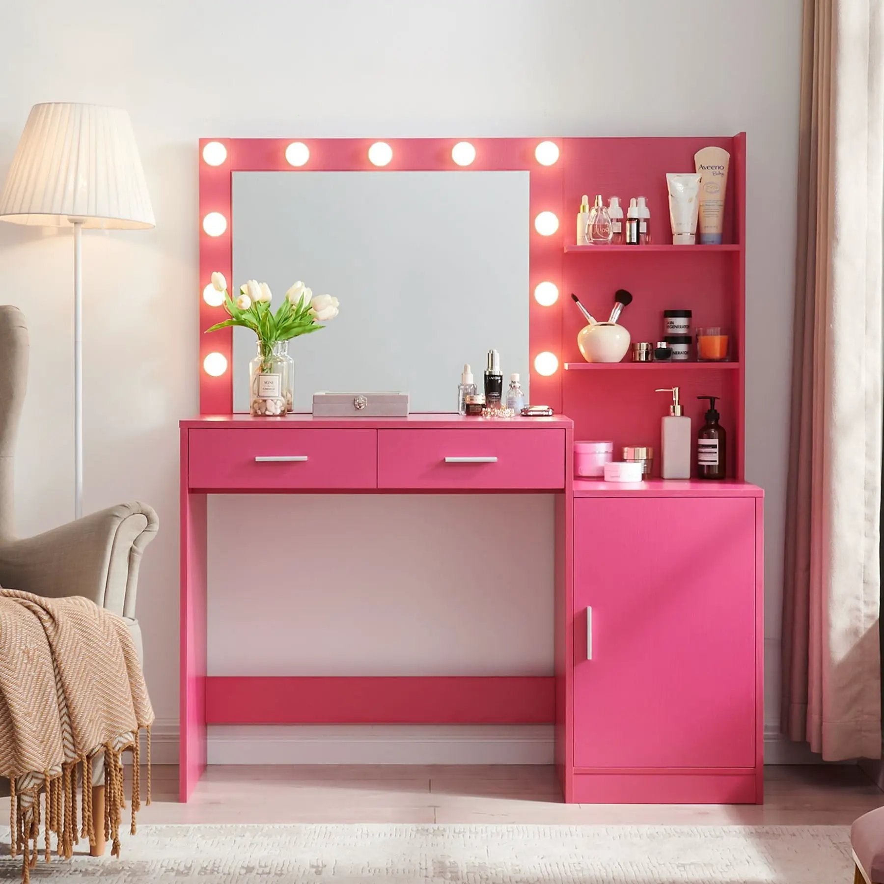 Vanity Desk With Mirror And Lights, 46.4In Dressing Table With 2 Large Drawer & Large Vertical Organizer, 3 Level Dresser & 3 Lighting Modes Adjustable Brightness, Suitable For Bedroom by Unique Piece Furniture