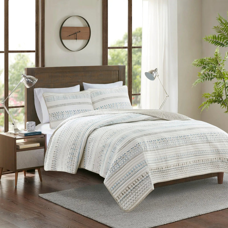 3 Piece Seersucker Quilt Set Taupe Blue King Cal King by HouseOfZazla