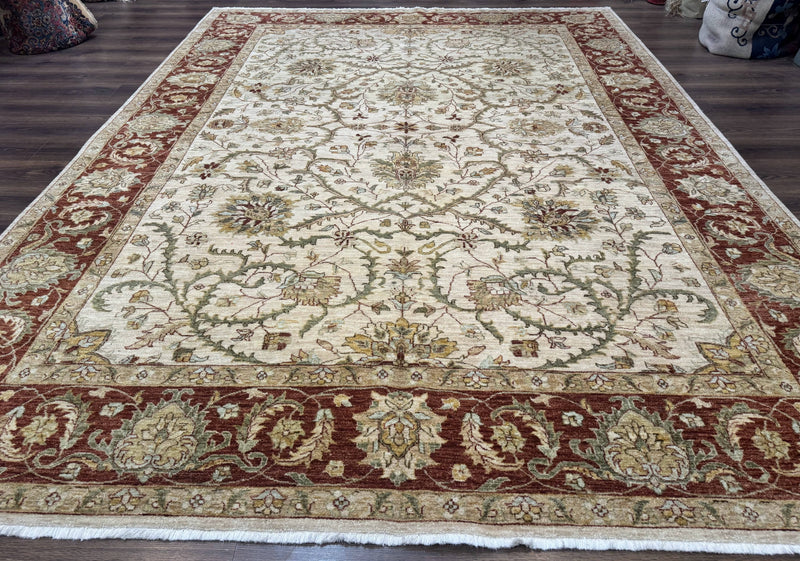 Pakistani Rug 9x12, Floral Allover Peshawar Carpet, Chobi, Beige and Rust Red, Traditional by Jewel Rugs
