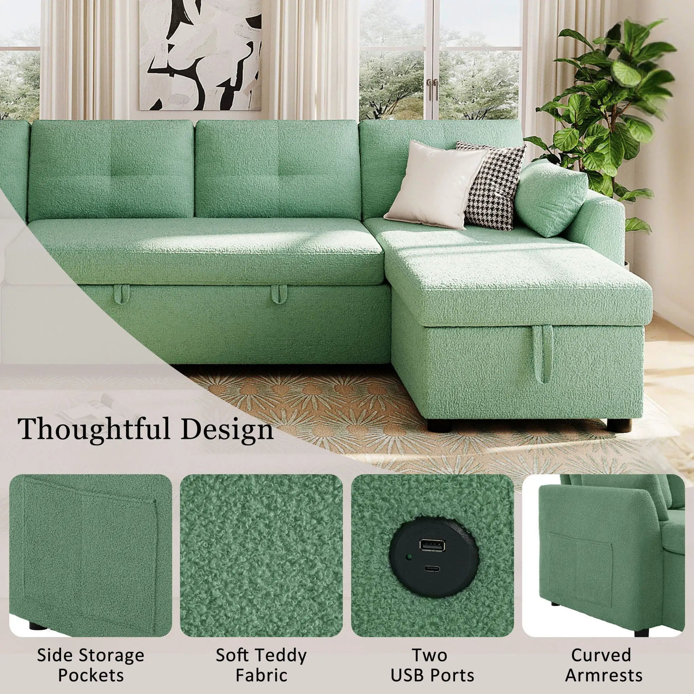 U-Shaped Sectional Sofa Bed With Storage And USB Ports by Unique Piece Furniture
