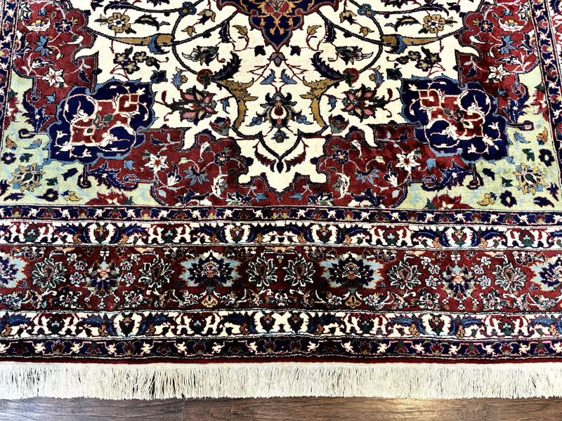 Wonderful Persian Isfahan Rug 7x9, Ivory Navy Blue Red, Floral Medallion, Very Finely Hand Knotted 260 KPSI, Handmade Wool Vintage Rug by Jewel Rugs