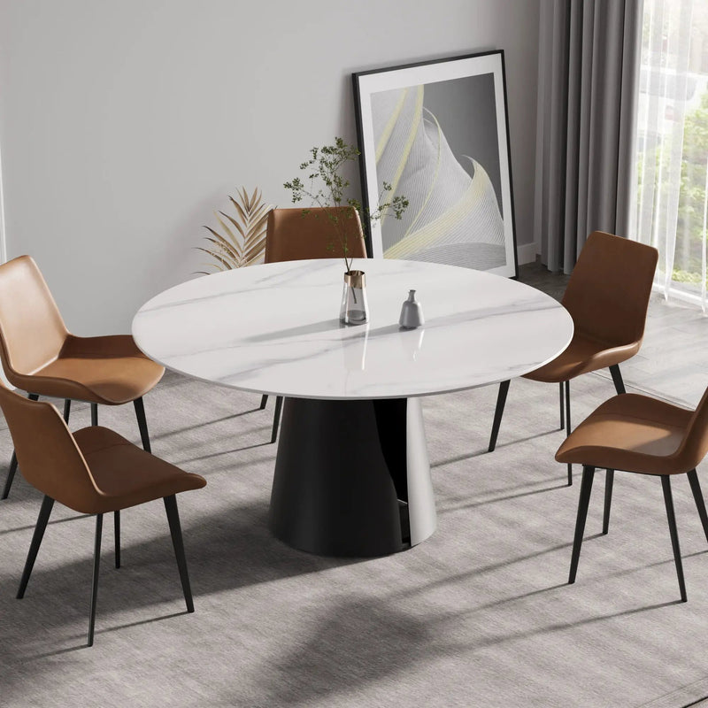 59.05" Modern Artificial Stone Round Carbon Steel Base Dining Table - White / Black by HouseOfZazla