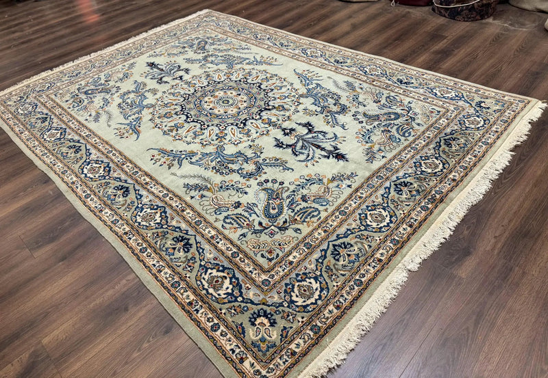 Light Green and Blue Persian Kashan Rug 7x10, Authentic Persian Carpet, Handmade, Wool by Jewel Rugs