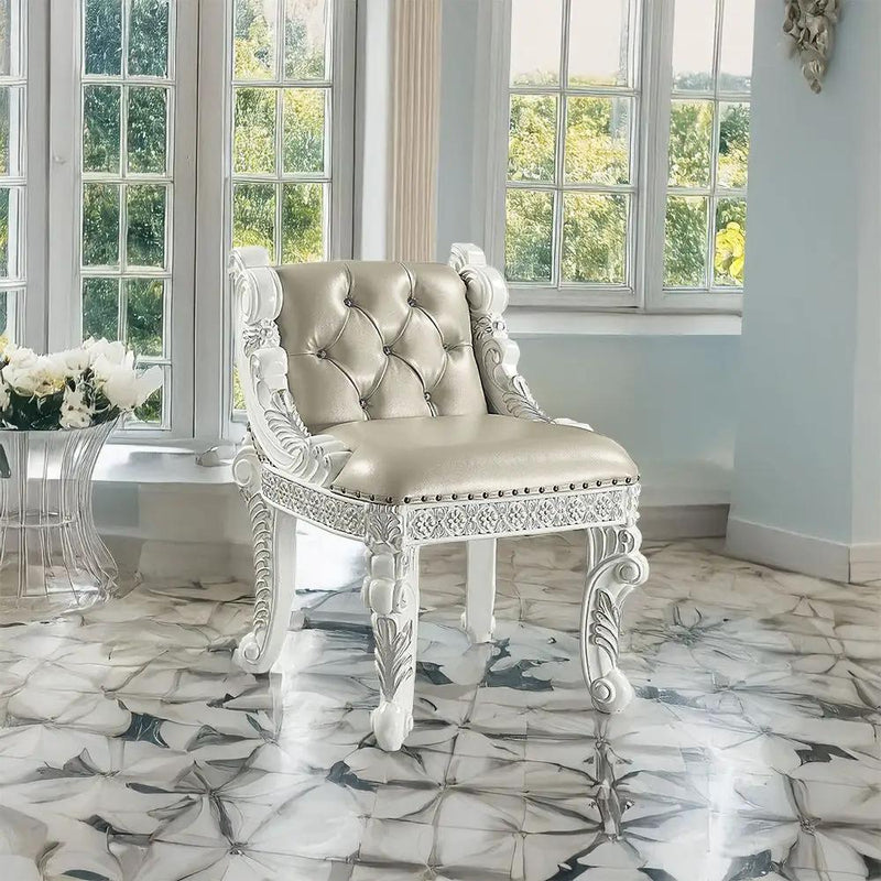 Vanaheim - Vanity Stool - Beige Synthetic Leather & Antique White by Unique Piece Furniture
