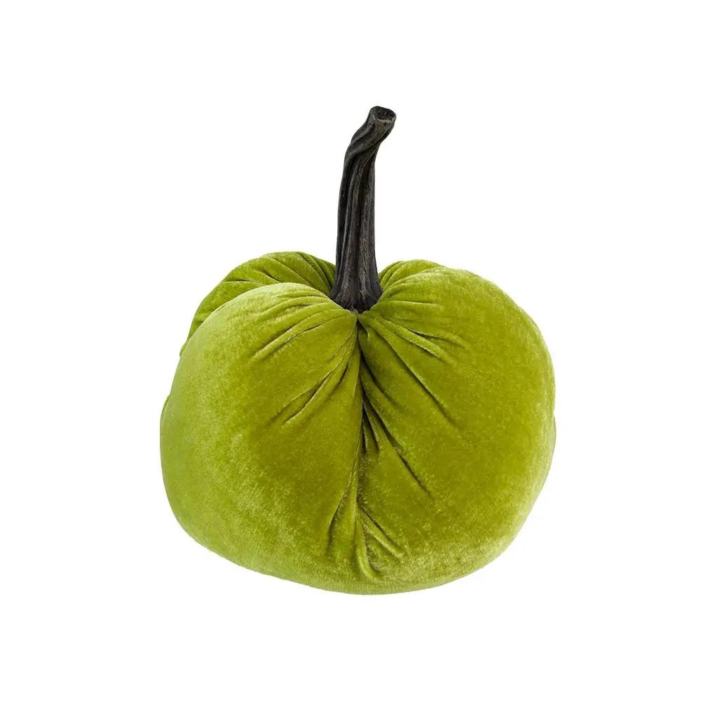 Velvet Weighted Pumpkin With Resin Stem Apple, Pumpkin Ornament Decor For Holiday Harvest Festival Fall Festival & Thanksgiving (Set of 2) - Green by HouseOfZazla