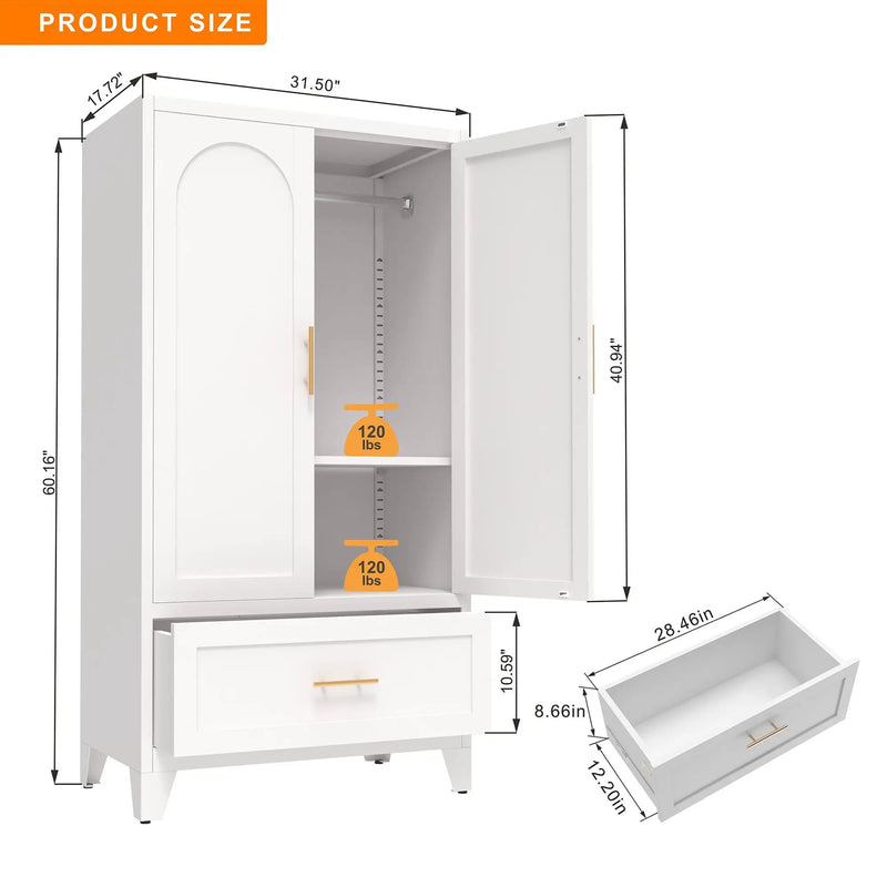 60" Tall Metal Wardrobe Cabinet with Drawer and Hanging Rod by HouseOfZazla