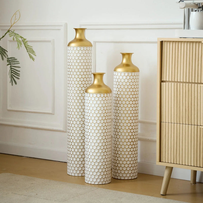 3 Piece Set Gorgeous Home Decoration Large Glazed Floor Vase Decoration Home Droplet Shaped - Gold / White by Unique Piece Furniture