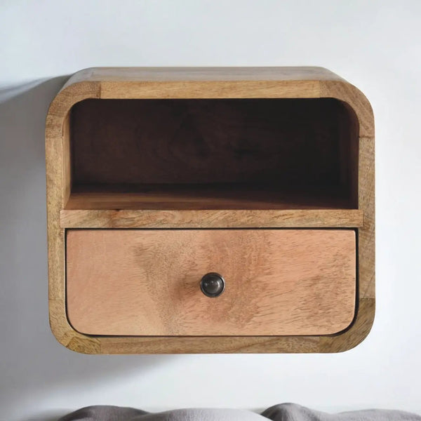 Extra Mini Wall-Mounted Curved Oak-ish Nightstand with Open Slot, 1-Drawer