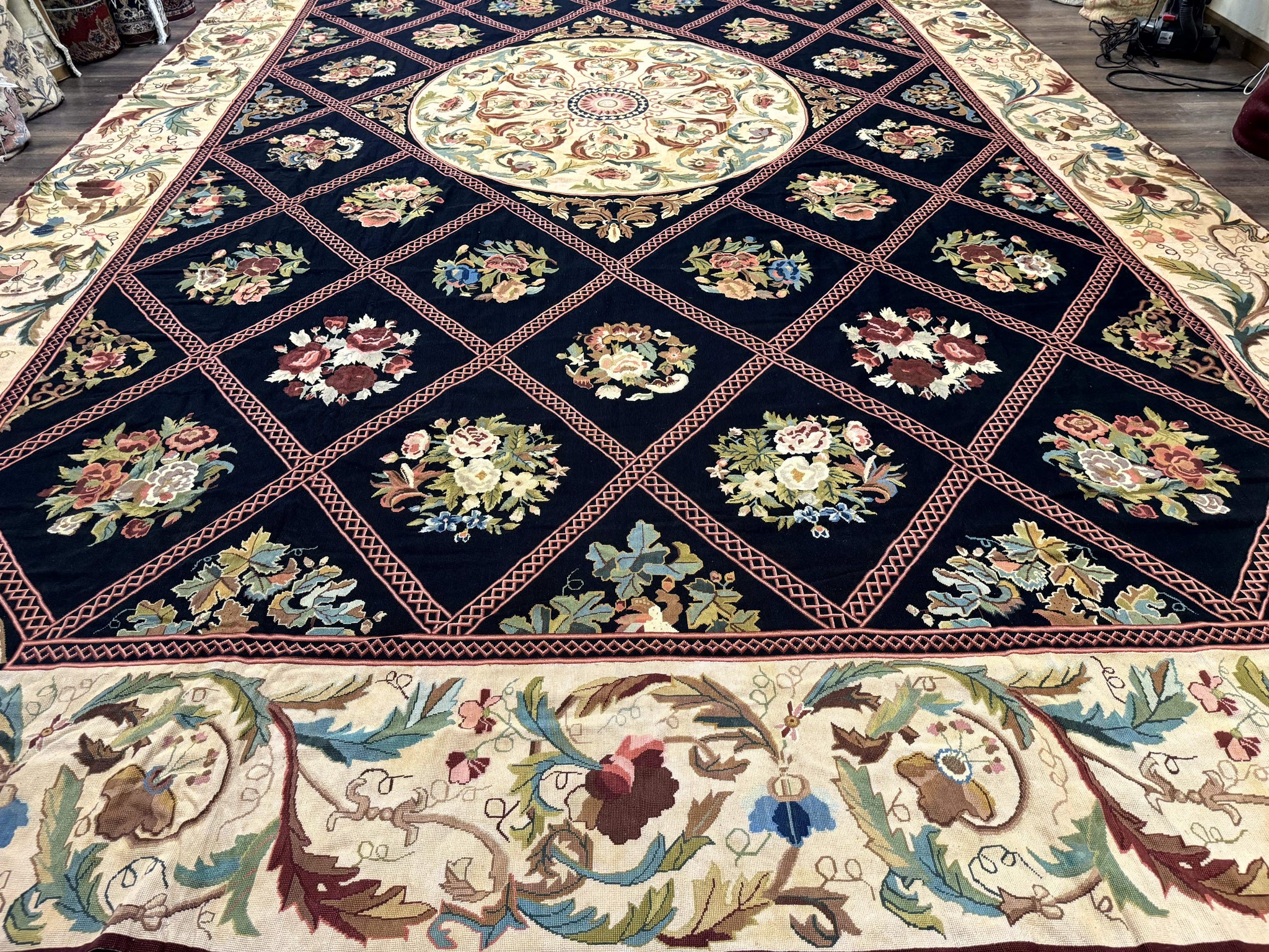 Palace Size Needlepoint Rug 12x20, European French English Aubusson Floral Design, Black and Beige by Jewel Rugs