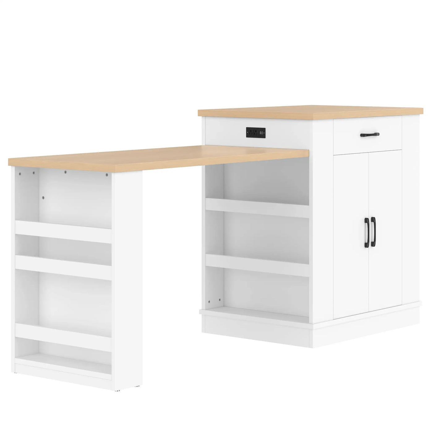 Extendable Island Console with Drawers, Double-Door Cabinet, and Open Shelving by HouseOfZazla