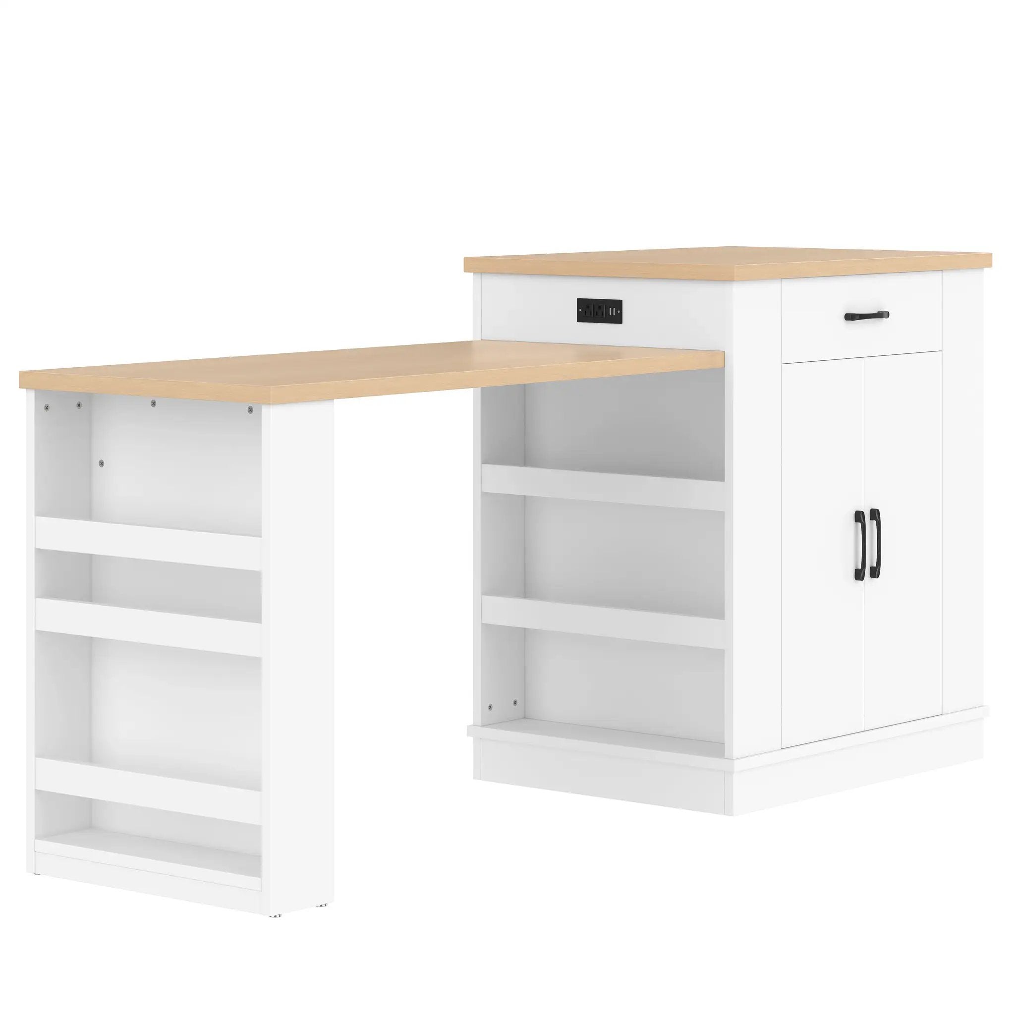 Extendable Island Console with Drawers, Double-Door Cabinet, and Open Shelving by HouseOfZazla