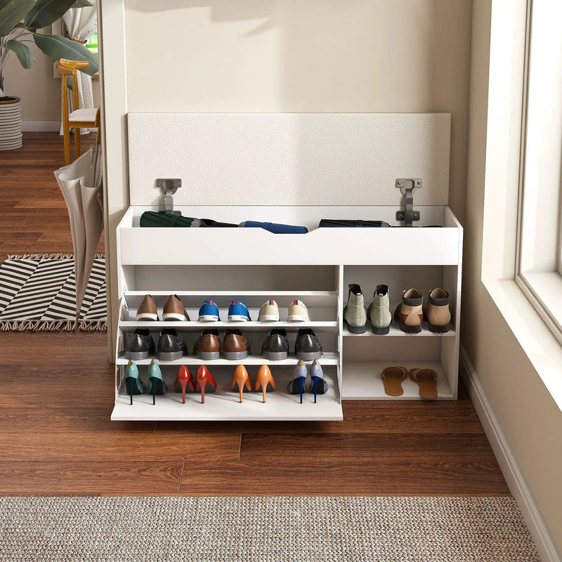 Modern Design Entryway Bench With Adjustable 3 Tier Flip-Up Drawers And Hidden Cabinet - White by Unique Piece Furniture