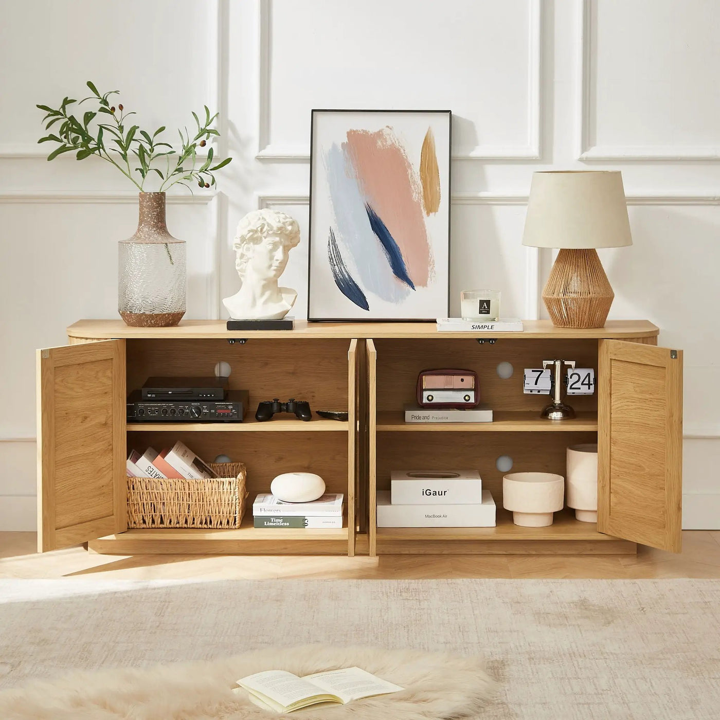 Contemporary Wave Shaped TV Stand With Rattan Doors by Unique Piece Furniture