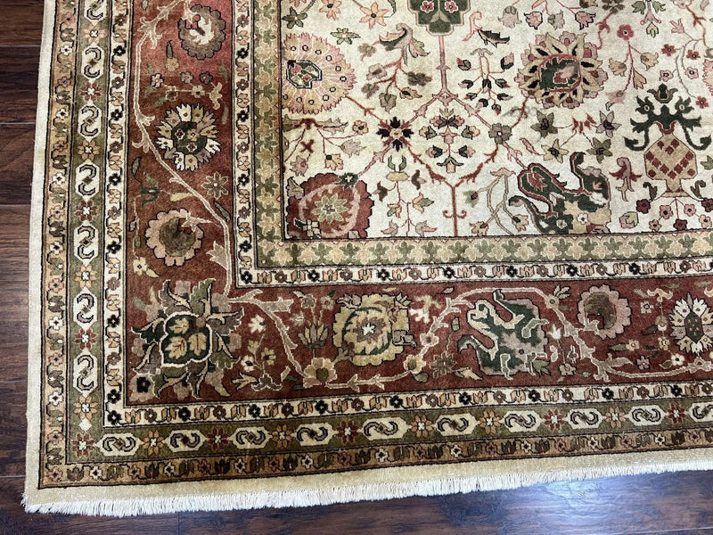 Large Indian Rug 10x14, Hand Knotted Indo Persian Gandehar Oriental Carpet, Vintage Wool Rug 10 x 14 ft Cream Red Floral Allover Traditional by Jewel Rugs