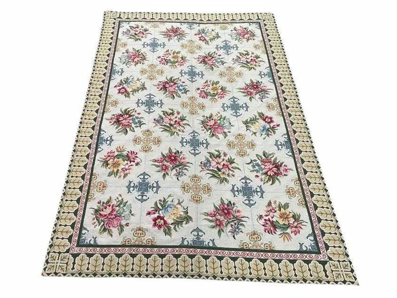Hand-Knotted Needlepoint Carpet 6x9, Ivory/Cream Background, Colorful Flowers, Yellow Border, Aubusson Rug 6 x 9, New, Handmade by Jewel Rugs
