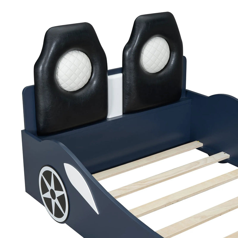 Race Car Shaped Platform Bed With LED And Upholstered Backrest In