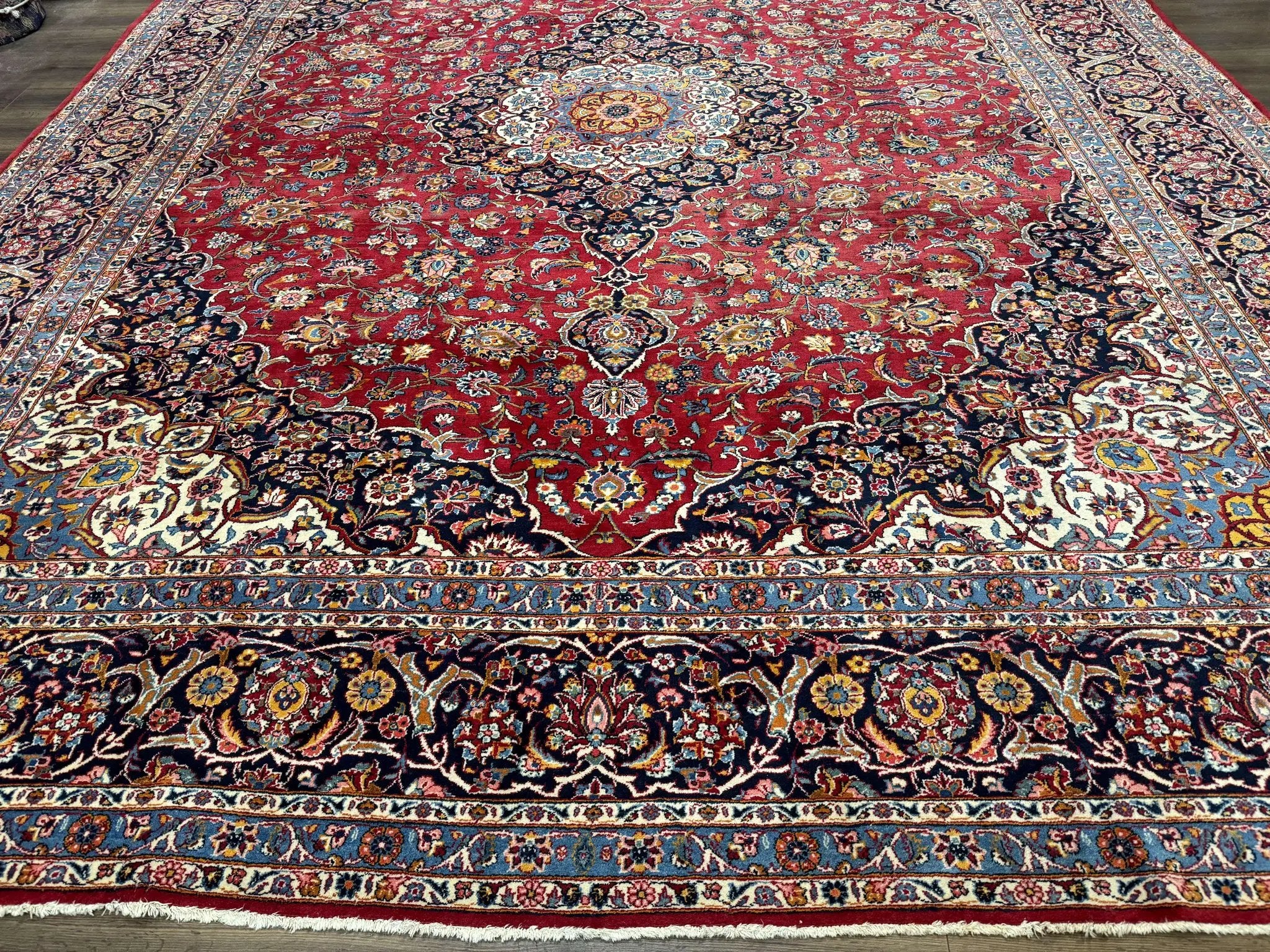 Large Persian Kashan Rug 11x14, Traditional Persian Carpet, Wool, Fine 250 KPSI, Red Navy Blue by Jewel Rugs