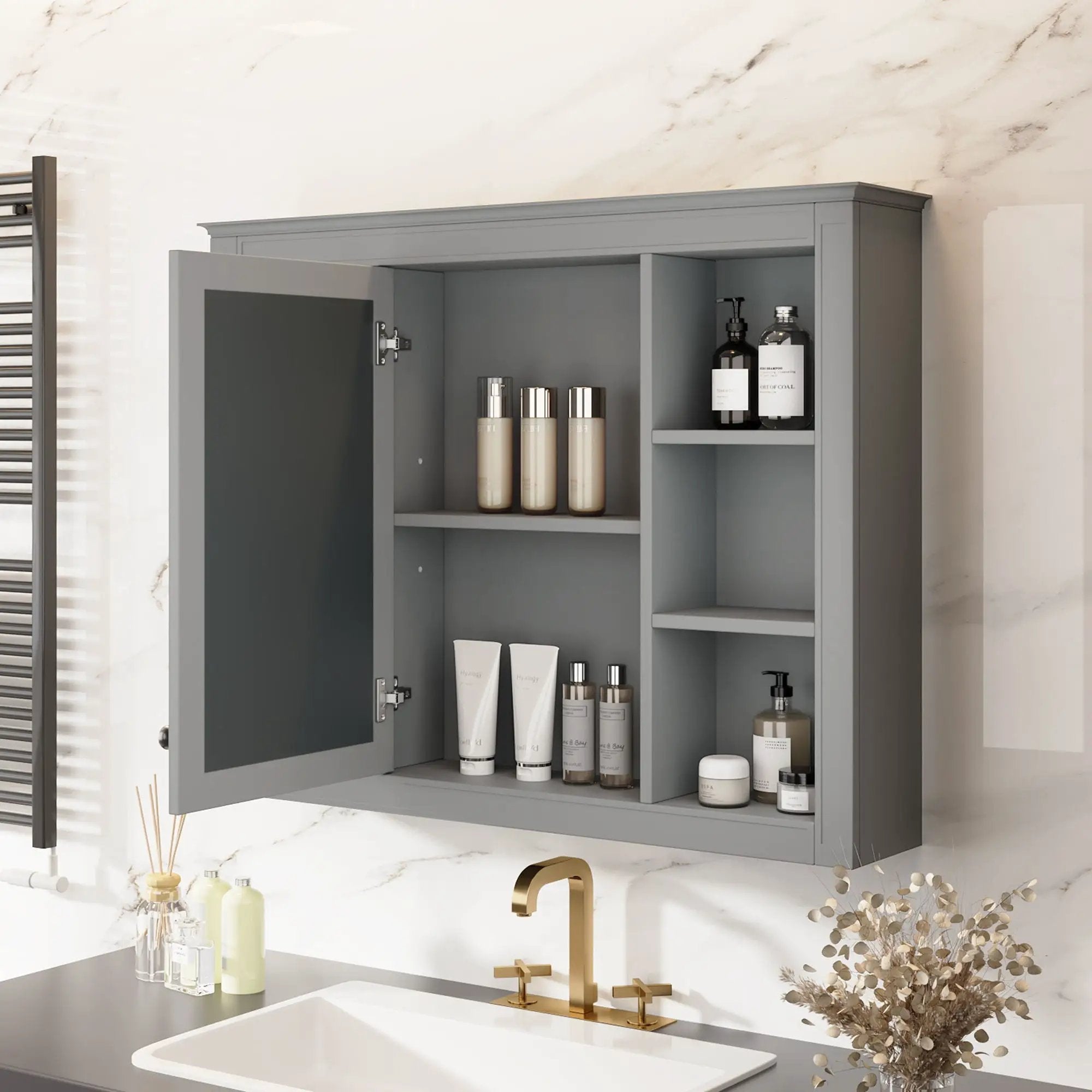 Wall Mounted Medicine Cabinet With Mirror, Storage Cabinet Featuring 6 Open Shelves And Adjustable Interior by Unique Piece Furniture