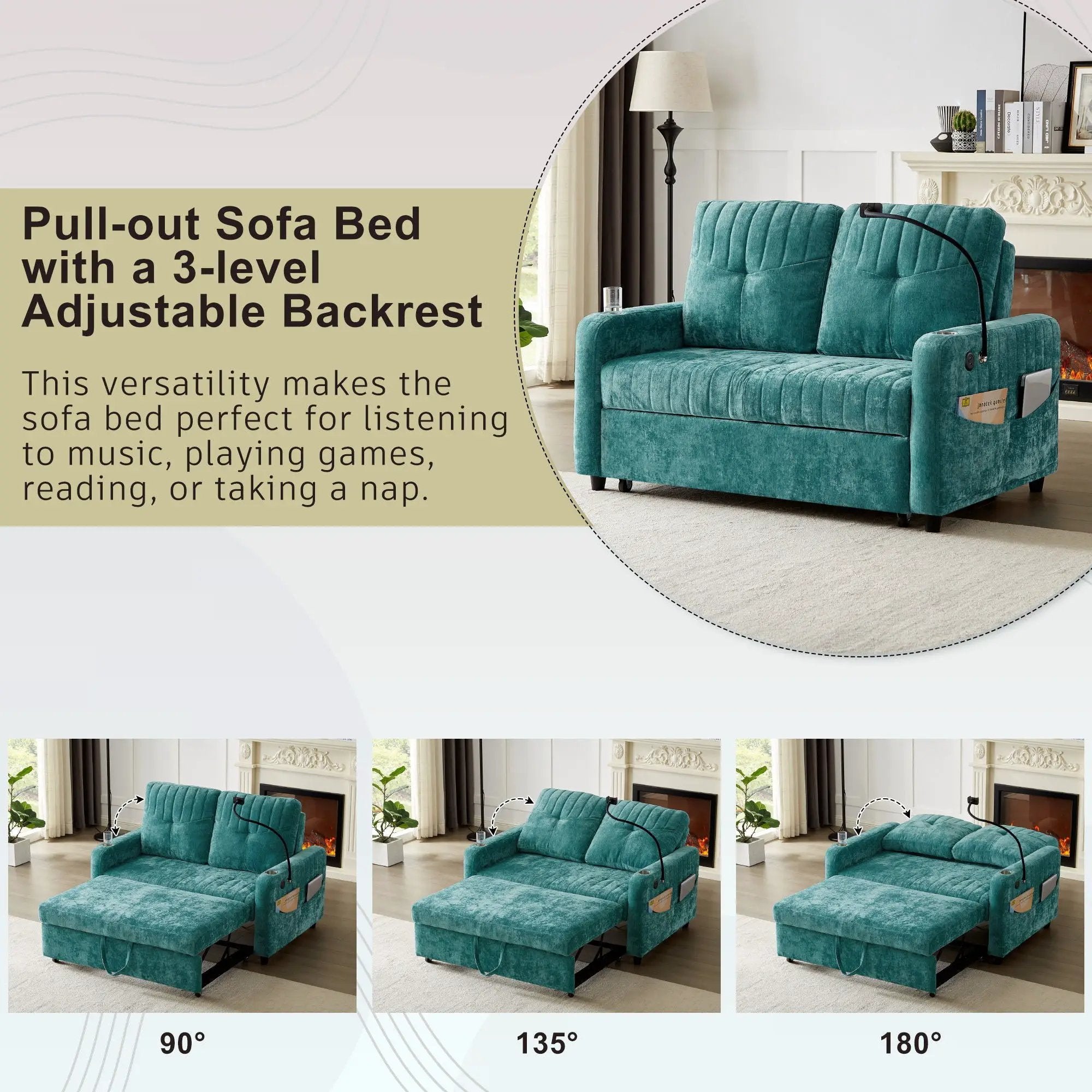 Modern Loveseat Pull Out Sofa Bed With Adjustable Backrest, Two Cup Holders, A Phone Holder, Three Charging Ports And Side Storage Pockets For Living Room by Unique Piece Furniture