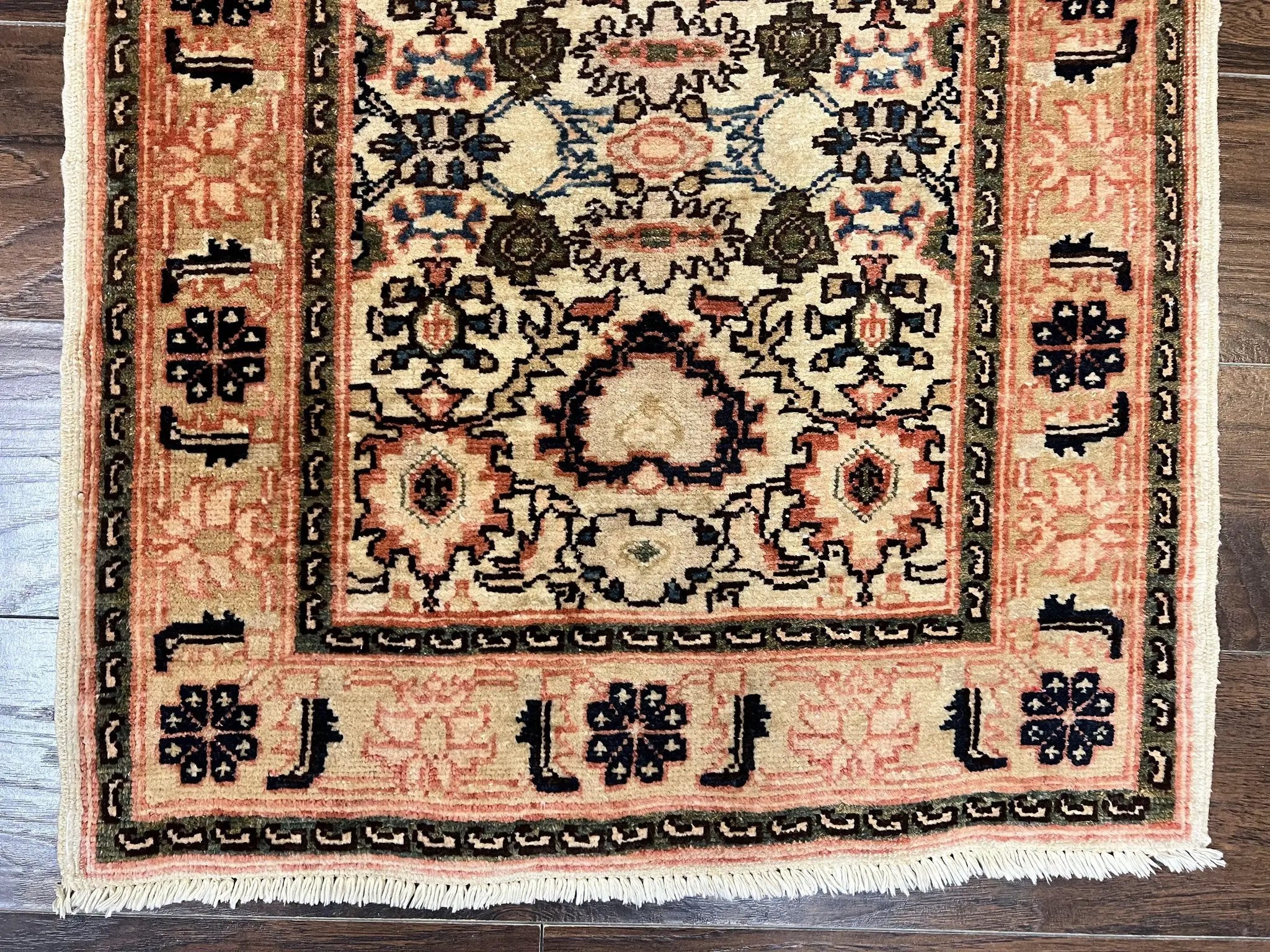 Romanian Runner Rug 2.6 x 12.9, Wool Handmade Hand Knotted Skinny Runner for Hallway, Floral Allover, Vintage Tan Runner by Jewel Rugs