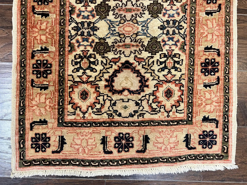 Romanian Runner Rug 2.6 x 12.9, Wool Handmade Hand Knotted Skinny Runner for Hallway, Floral Allover, Vintage Tan Runner by Jewel Rugs