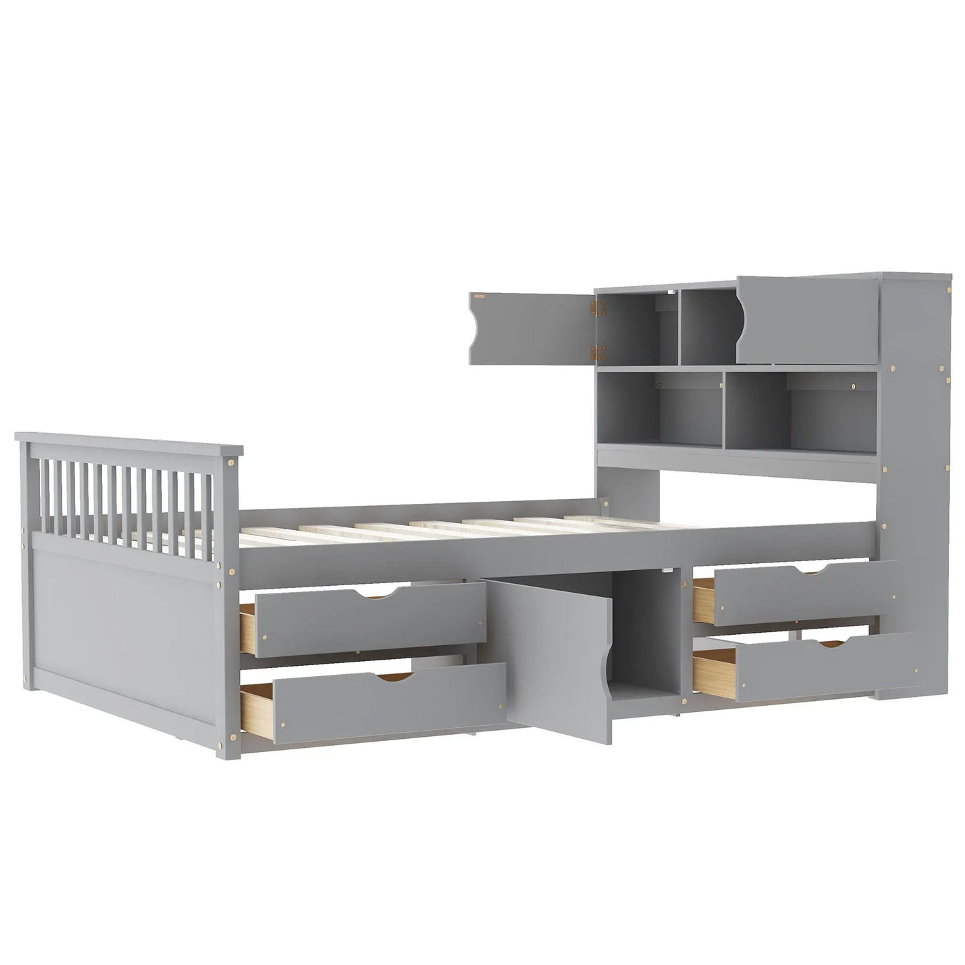 Captain Platform Bed Frame With Bookcase Headboard, 4 Drawers, Storage Shelves by HouseOfZazla
