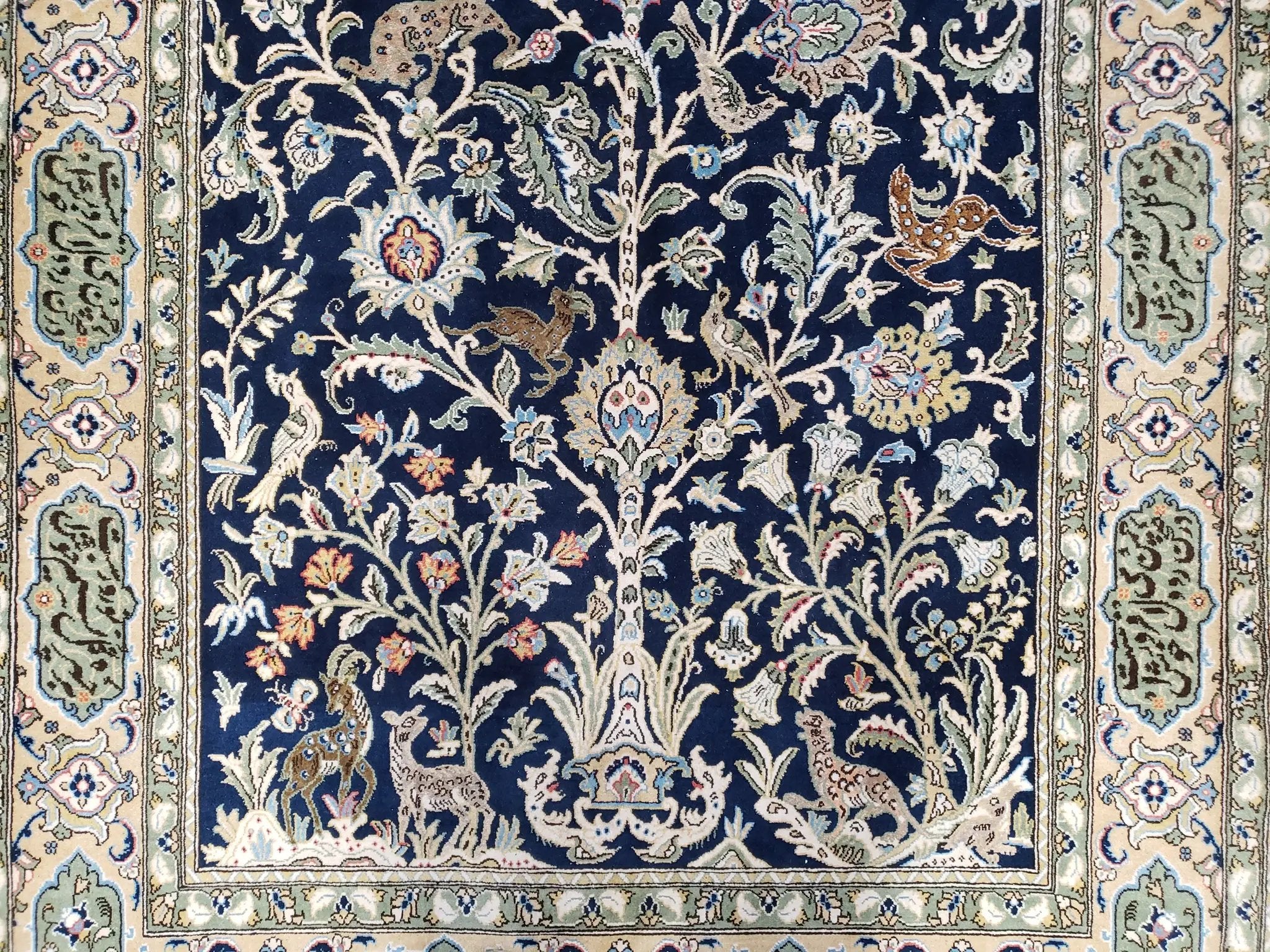 Semi Antique Persian Qum Tree of Life Rug, Hand-Knotted, Wool, Midnight Blue and Tan, Animal Pictorials, Written Poem in Borders, 4' 8" x 7' 8" by Jewel Rugs