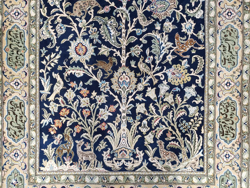 Semi Antique Persian Qum Tree of Life Rug, Hand-Knotted, Wool, Midnight Blue and Tan, Animal Pictorials, Written Poem in Borders, 4' 8" x 7' 8" by Jewel Rugs
