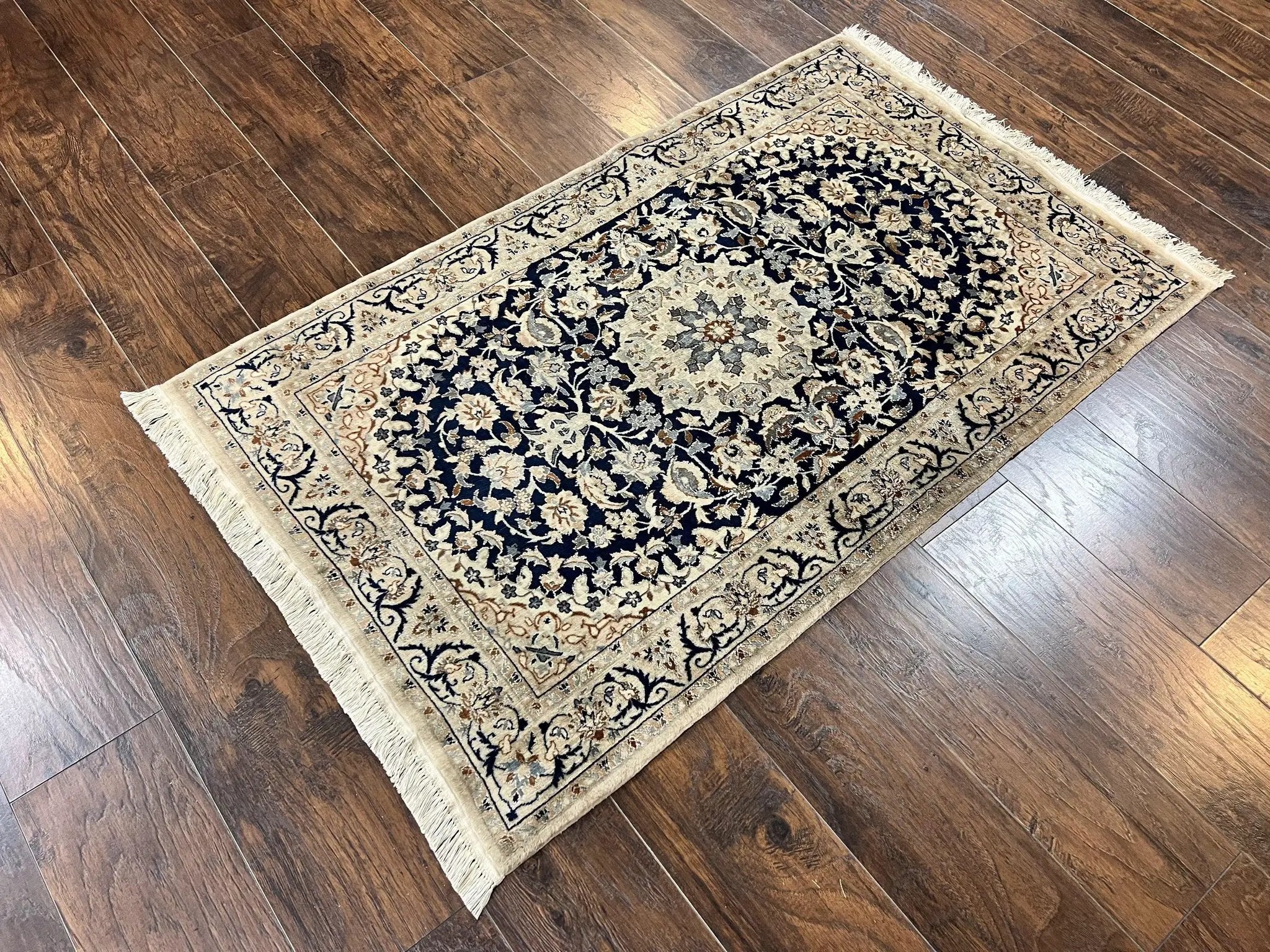Persian Nain Rug 3x5, Floral Medallion Oriental Carpet, Very Fine Hand Knotted Handmade Wool and Silk Highlights Rug, Vintage Semi Antique by Jewel Rugs