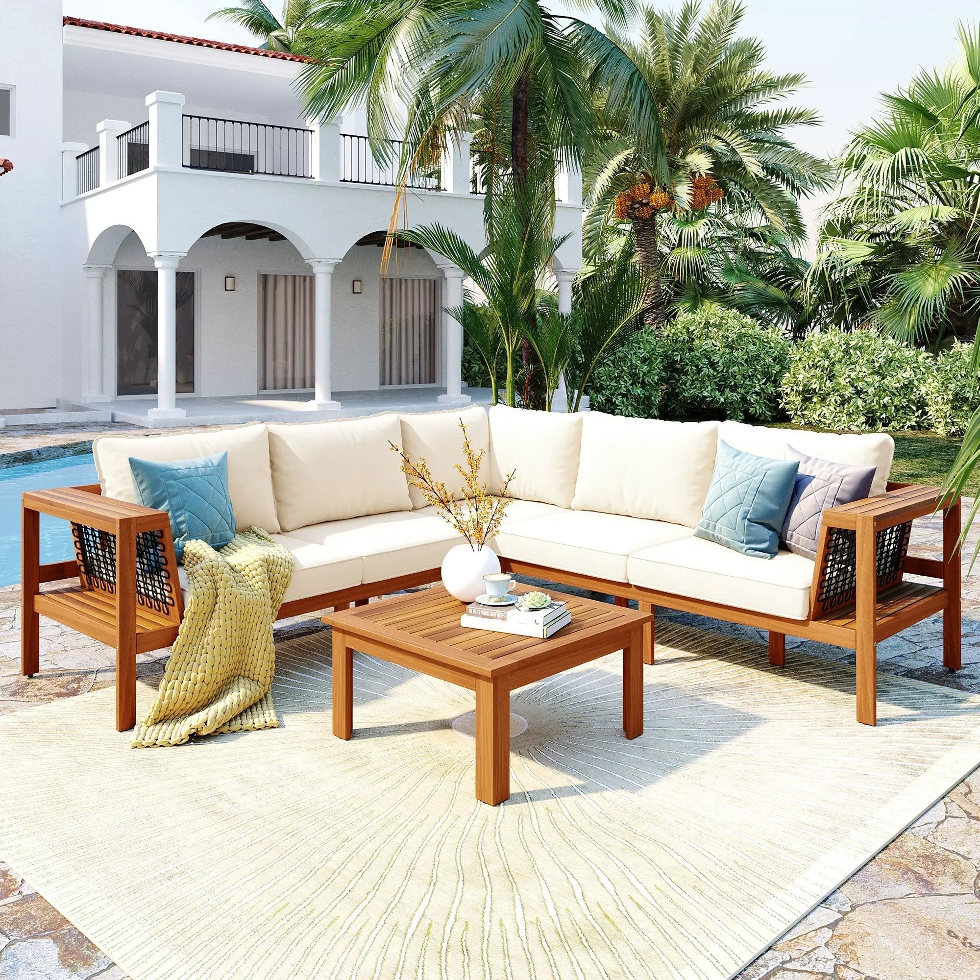 GO 4 Pieces Outdoor Acacia Wood Sofa Set with Coffee Table by HouseOfZazla