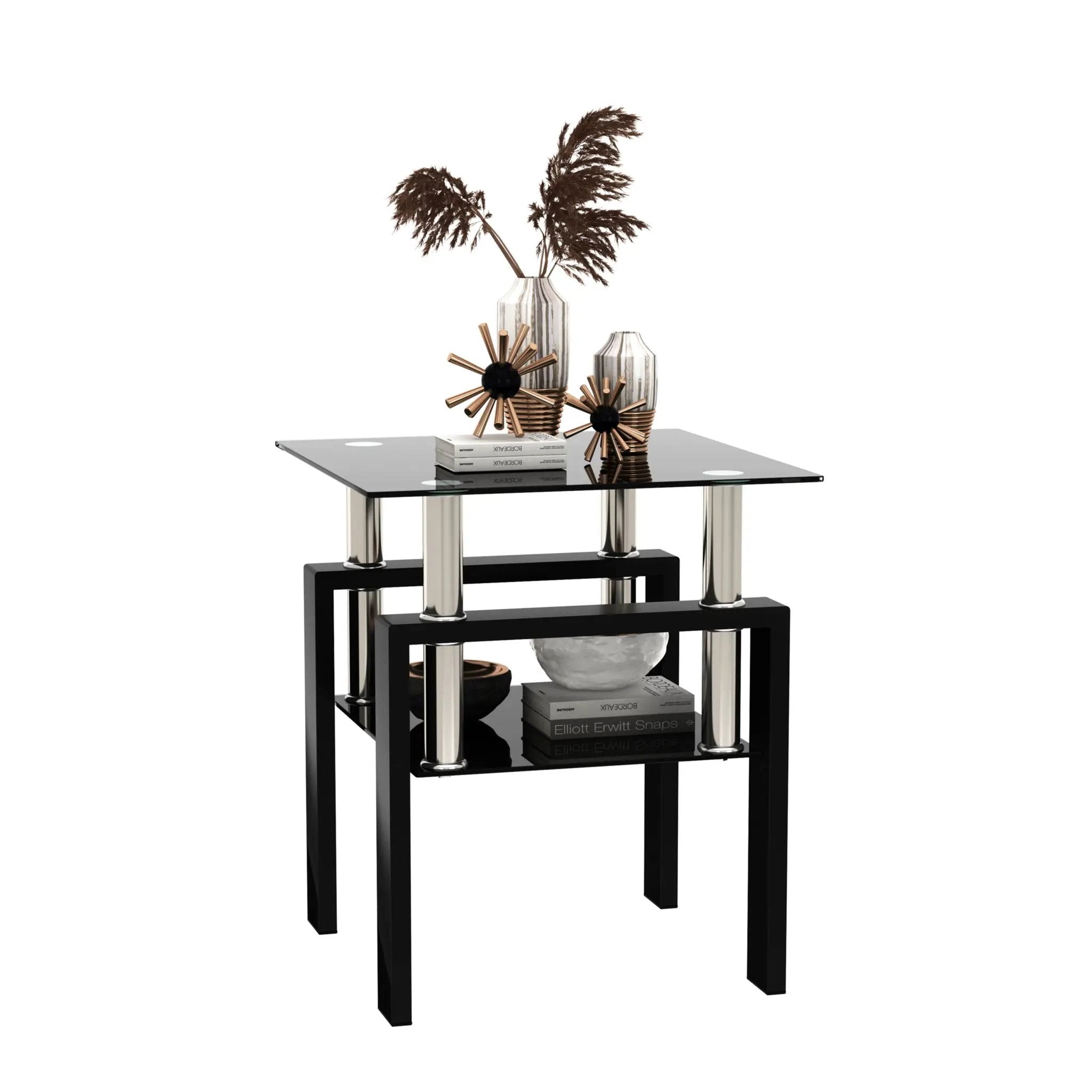Modern Tempered Glass Tea Table, End Square Table For Living Room - Black by Unique Piece Furniture