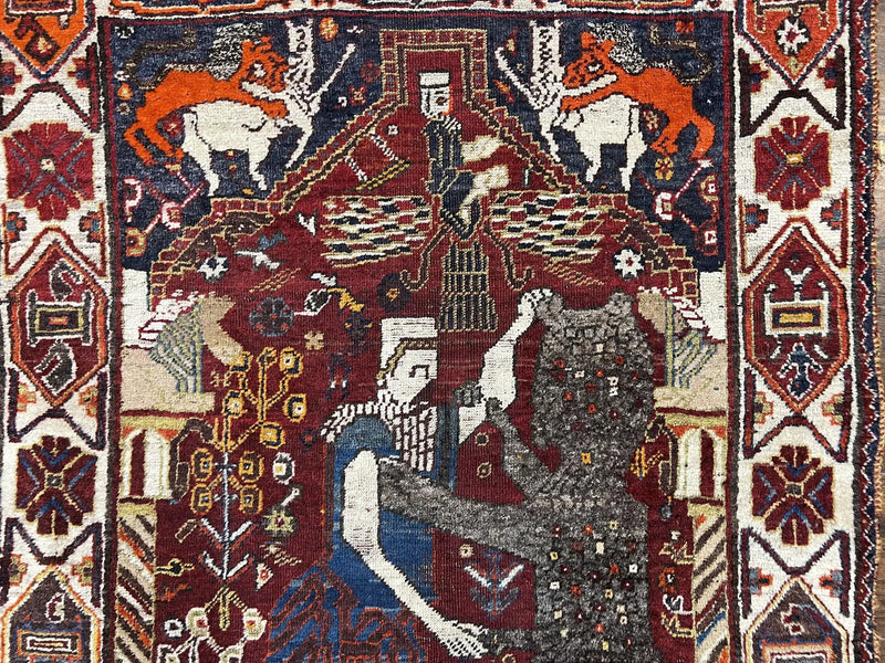 Antique Persian Shiraz Pictorial Rug 3.6 x 5, Persian Tribal Rug, Handmade, Lions, Highly Unique Collectible Small Persian Carpet, Maroon, Wool by Jewel Rugs