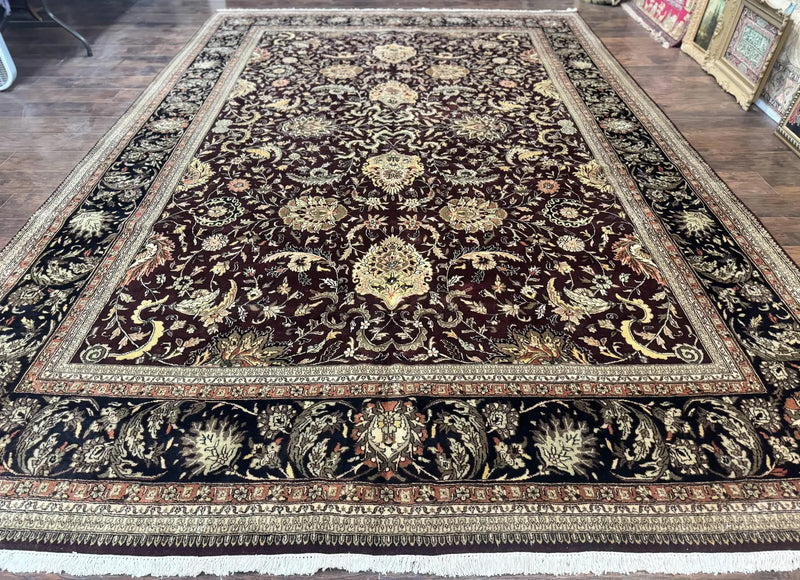 Indo Persian Rug 10x14, Floral Allover, Handmade Vintage Wool Rug, Dark Maroon/Plum and Black by Jewel Rugs