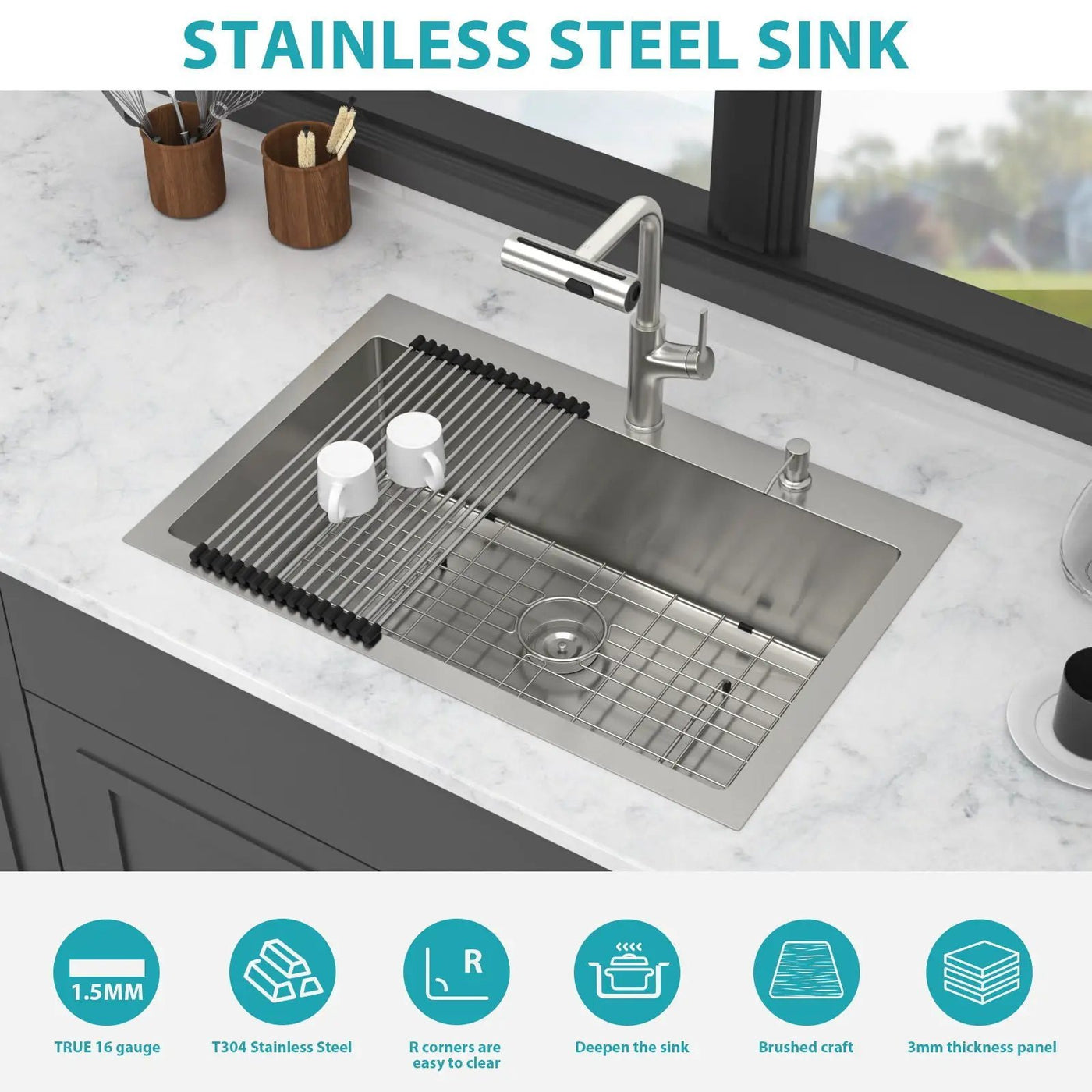 Drop-In Kitchen Sink With Pull-Out Faucet And Soap Dispenser by HouseOfZazla
