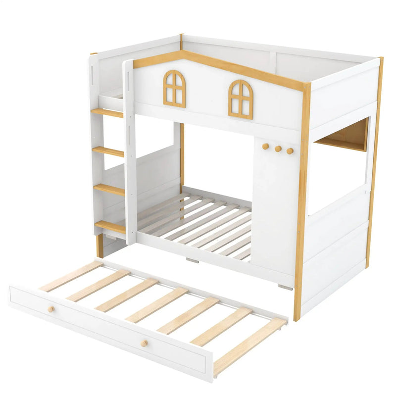 Bunk Bed With House Shaped Guardrails, Storage Shelves, And Trundle by HouseOfZazla