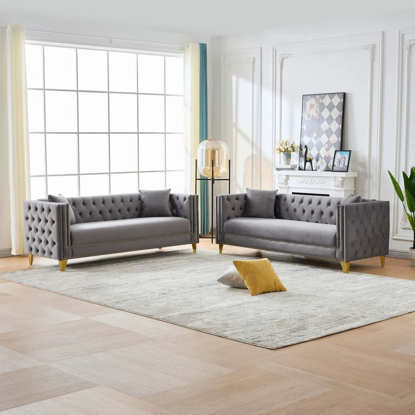 Deep Seat Sofa With Button Nailhead, Square Arm Couches by HouseOfZazla