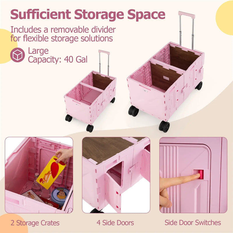 Large Foldable Utility Cart with 2-Tier Storage Crates and Telescoping Handle by DirectDeals