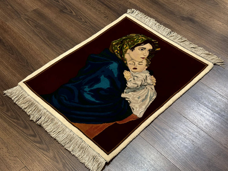 Small Persian Tabriz Pictorial Rug 2x2, Mother Holding Child, Very Fine 340 KPSI, Maroon by Jewel Rugs